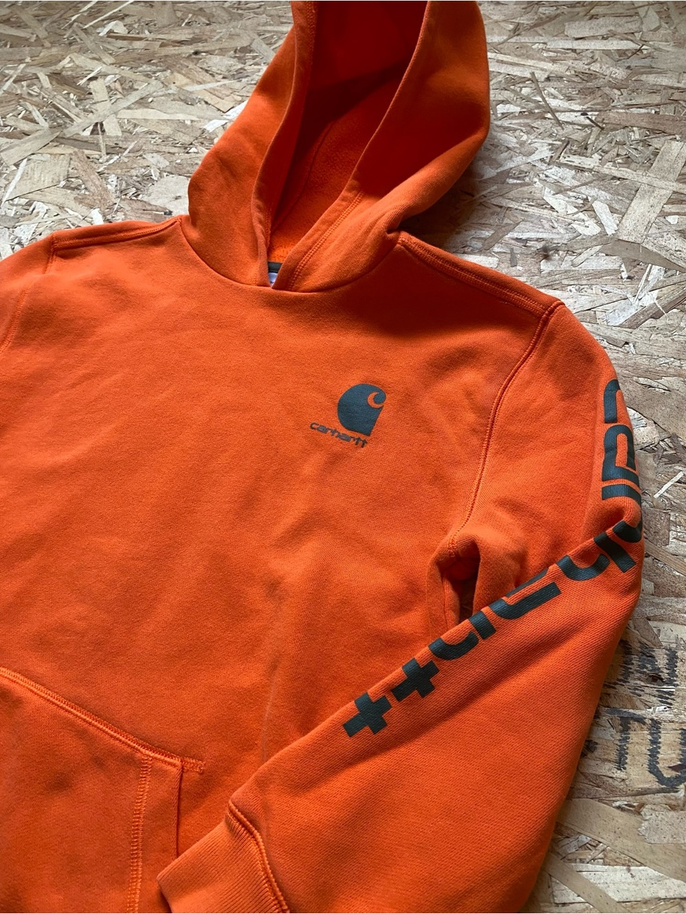 Carhartt Orange Logo Pullover Hoodie with Grey Branded Sleeve